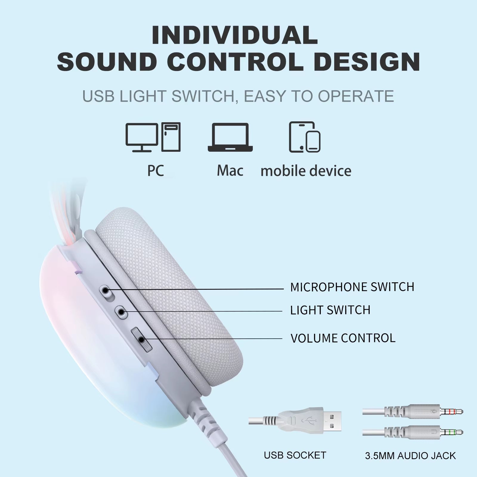 Professions Gaming Headset with Dynamic FULL RGB Light Detachable Cat Ears Wired Headphones with Mic Gamer for PC PS5