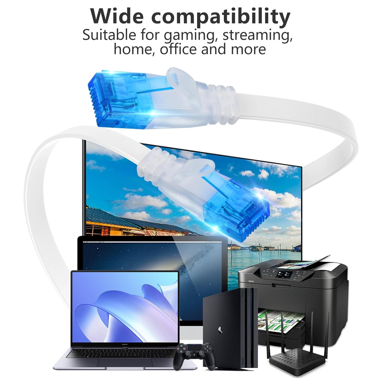 Ethernet Cable 75Ft High Speed Cat 6 Flat Network Cable with Rj45 Connectors, Long LAN Cable with Clips - White 22.8 M