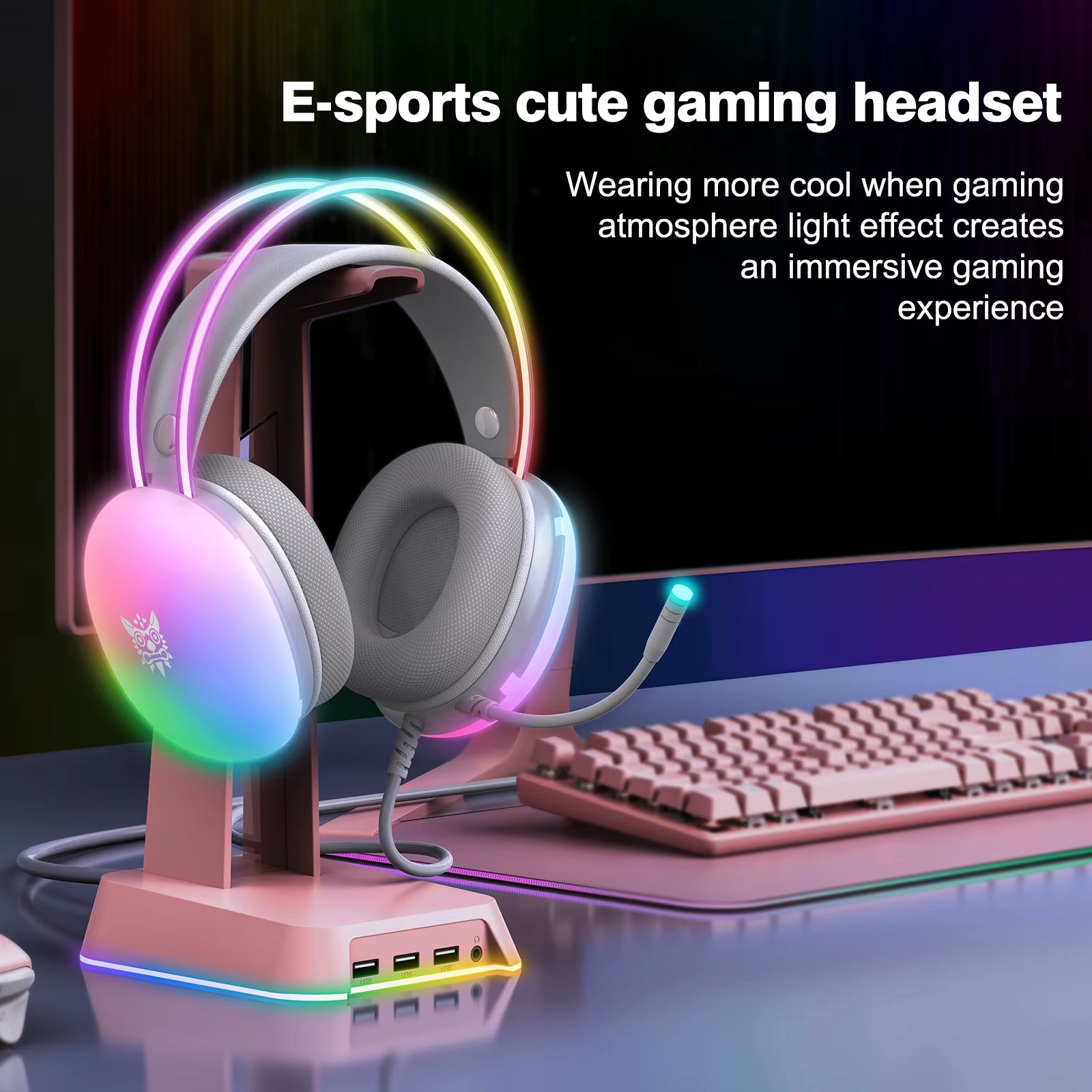 Professions Gaming Headset with Dynamic FULL RGB Light Detachable Cat Ears Wired Headphones with Mic Gamer for PC PS5