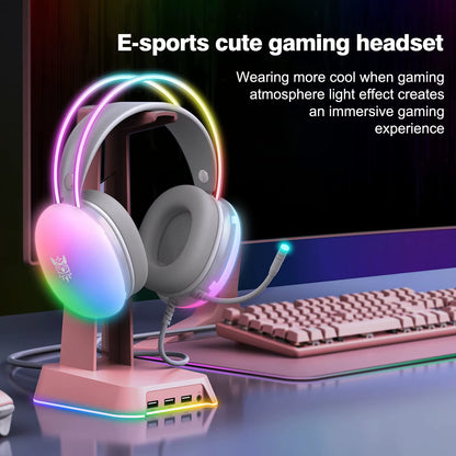 Professions Gaming Headset with Dynamic FULL RGB Light Detachable Cat Ears Wired Headphones with Mic Gamer for PC PS5