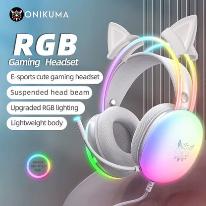 Professions Gaming Headset with Dynamic FULL RGB Light Detachable Cat Ears Wired Headphones with Mic Gamer for PC PS5